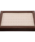 Crafted From Warm Wood This Super Chic 30 Compartment Jewelry Organizer Stores Rings Necklaces And Bracelets Straight Up In Style While You Kick Clutter To The Curb And Look Awesome Daily, featuring a wooden tray with beige slots.