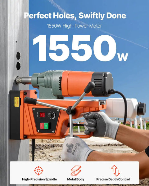 Powerful 1550W Magnetic Drill Press With 0-550 RPM Variable Speed drilling metal surface.