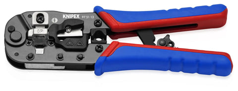 RJ45 Western Plug Crimping Pliers, 7 And A Half Inch, 8P8C Pro Grade Network Tool, blue and red handles, side view