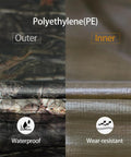 No Nonsense Tough 9 Mil Tarp Cover Waterproof UV Resistant Tarpaulin showing outer camo and inner wear-resistant layers.