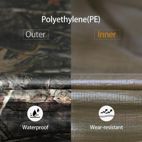 No Nonsense Tough 9 Mil Tarp Cover Waterproof UV Resistant Tarpaulin showing outer camo and inner wear-resistant layers.