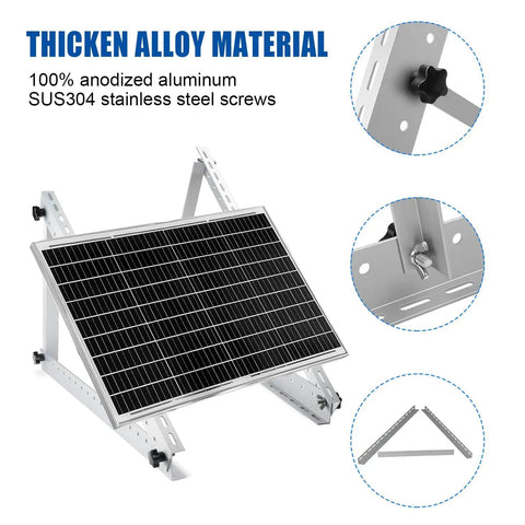 Heavy Duty Solar Panel Mounting Kit With Foldable Tilt Legs for Roof RV Boat and Off Grid Installations, shows aluminum frame and screws