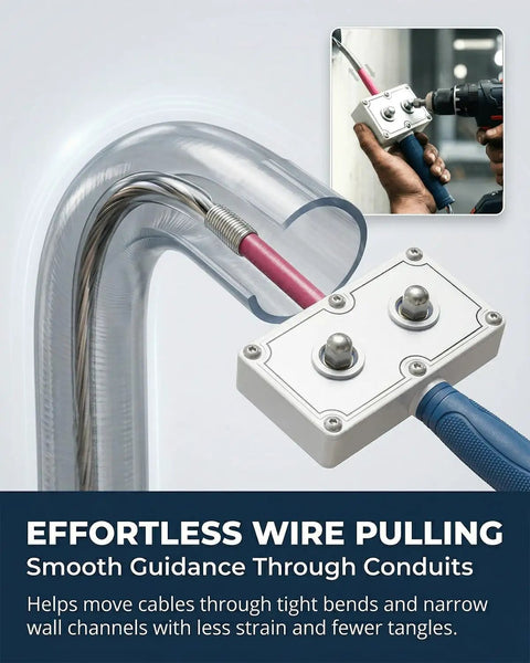 Drill Powered 2 In 1 Wire Puller And Feeder With Brushless Motor Fish Tape demonstrating cable pull through PVC conduit.