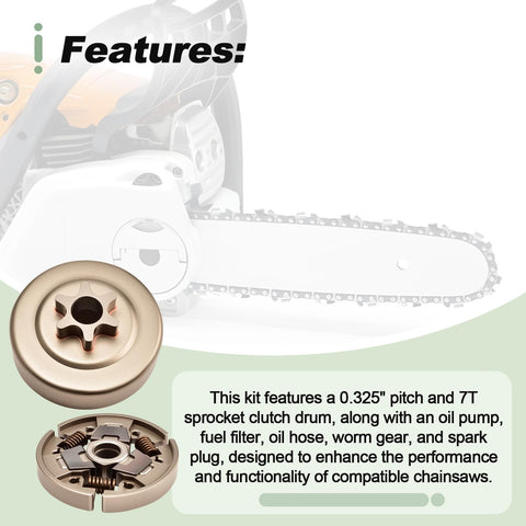 0.325 Inch 7 Tooth Spur Sprocket Clutch Drum Kit With Oil Pump for Chainsaws, includes fuel filter, oil hose, worm gear, spark plug.