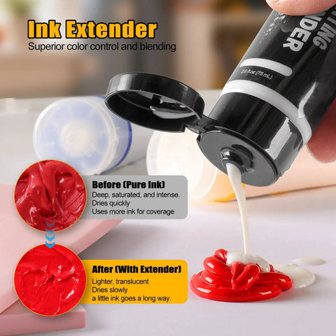 Linoleum Block Printmaking Kit With Four Color Ink Linocut Tools Brayer And Baren Ink Plate Transfer Papers Sharpener Stone And Rubber Stamp Craft Set For Kids DIY Gift showing ink extender demonstration with pure and extended ink.
