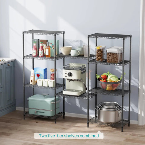 Beefy Five Tier Metal Wire Shelving Unit For Pantry And Garage Adjustable Shelves Up To 1000 Lbs Per Shelf With Stable Load Capacity 14 Inch Depth 24 Inch Width And 59.5 Inch Height in pantry with stored kitchen items