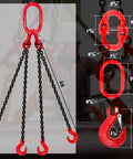 Heavy Duty Four Leg Chain Sling Built Tough With Four Safety Hooks Made From G80 Alloy Steel Rigging Gear, 5 ft length, shown with measurements.
