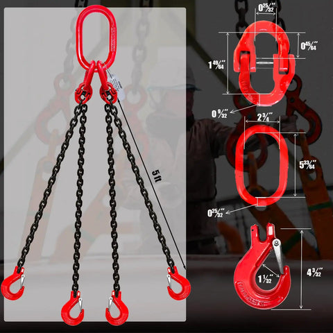 Heavy Duty Four Leg Chain Sling Built Tough With Four Safety Hooks Made From G80 Alloy Steel Rigging Gear, 5 ft length, shown with measurements.