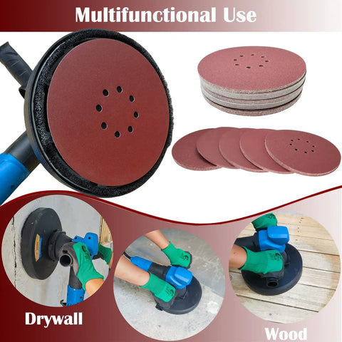 DIY Pro Grade 9 Inch Drywall Sanding Discs Set 50 Pack With 8 Hole Hook And Loop Backing Grits 60 80 120 150 240 in use on surfaces