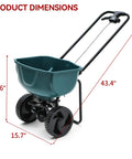 60 Lb Walk Behind Lawn And Garden Spreader For Seeds And Fertilizer With Easy Flow Control No Fuss Spreading And Adjustable Side Spread shown in product dimensions with handle