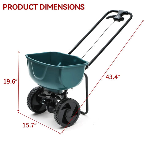 60 Lb Walk Behind Lawn And Garden Spreader For Seeds And Fertilizer With Easy Flow Control No Fuss Spreading And Adjustable Side Spread shown in product dimensions with handle