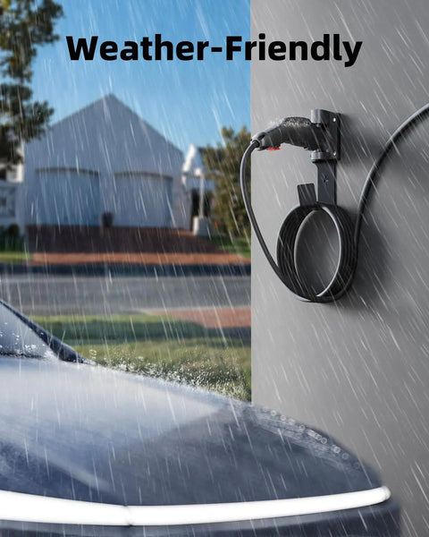 EV Charger Holder With 180 Degree Rotating Nozzle Dock, Heavy Duty Metal J Hook Wall Mount For SAE J1772 Charger, Cable Organizer And Charging Cable Dock, securely holding charger in rain.