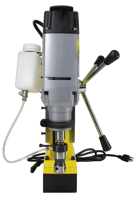 Heavy Duty Magnetic Drill Press With 1-3/4 Inch Boring Capacity And 2700 Pound Rock Solid Grip featuring front view and quick swap adapter.