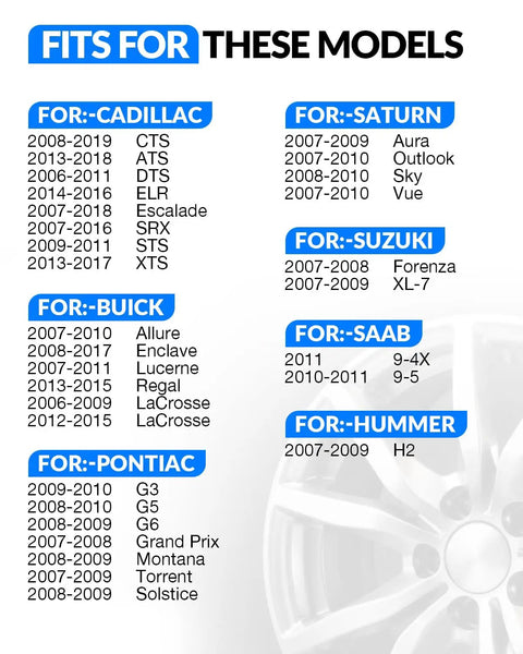 Fits for Cadillac, Buick, Saturn, Suzuki, Saab, Pontiac, and Hummer tire pressure sensor models.
