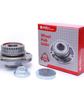 Rear Wheel Bearing Hub Assembly Fit For 2000 To 2006 Audi TT, 1998 To 2010 Volkswagen Beetle, 1999 To 2006 Volkswagen Golf, And 1999 To 2005 Volkswagen Jetta, Drop In Replacement Fits Right, Quiet Ride, Durable And Ready To Roll shown next to packaging