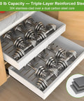 Heavy Duty Two Pack Expandable Pull Out Cabinet Organizer With Slick Full Extension Slides And No Sweat Adhesive Setup For Smooth Rolling Shelves That Handle Ninety Pounds In Clean White Finish showcasing weights in reinforced steel drawers.