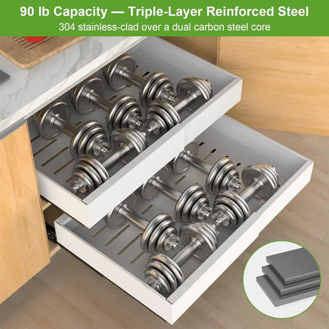 Heavy Duty Two Pack Expandable Pull Out Cabinet Organizer With Slick Full Extension Slides And No Sweat Adhesive Setup For Smooth Rolling Shelves That Handle Ninety Pounds In Clean White Finish showcasing weights in reinforced steel drawers.