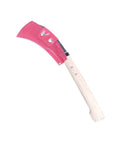 Wooden-handled knife with red protective cover on blade, angled view