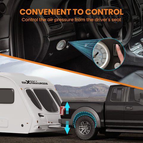 Truck with On Board Air Compressor System Universal Air Spring Kit With Gauge Air Line And T Fittings shown in use while towing