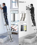 Comparison of Twelve And A Half Foot Telescoping Ladder With One Button Retraction and traditional ladder on a wall.