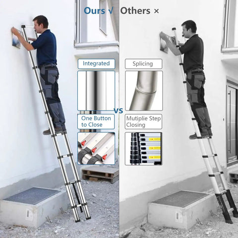 Comparison of Twelve And A Half Foot Telescoping Ladder With One Button Retraction and traditional ladder on a wall.