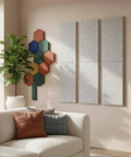 Straight Up Six Piece Soundproof Wall Panels With Flat Profile Acoustic Foam Tiles For Legit Noise Reduction In Living Rooms And Bedrooms Silver Gray Setup on a wall next to a modern couch.