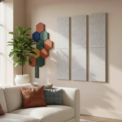 Straight Up Six Piece Soundproof Wall Panels With Flat Profile Acoustic Foam Tiles For Legit Noise Reduction In Living Rooms And Bedrooms Silver Gray Setup on a wall next to a modern couch.