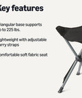 Collapsible Portable Camping Stool For Hiking, Hunting, And Fishing, with triangular base, soft seat, 225 lb capacity