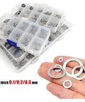 Ultra Thin Flat Washer Set Kit With 1200 Pcs 0.1 0.2 0.3mm Stainless Steel M3 To M20 Gasket Shims For Automotive And Home DIY Repairs, Versatile Fastener Washers, 304 Grade. stainless steel washer assortment in storage box, 0.1/0.2/0.3 mm