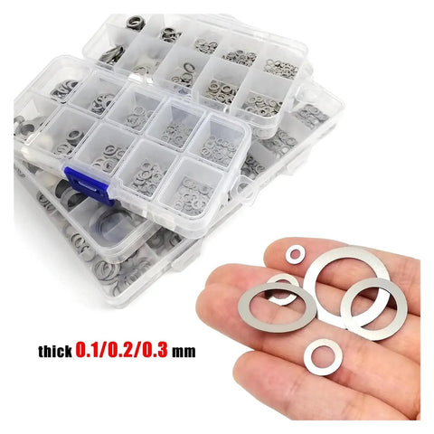 Ultra Thin Flat Washer Set Kit With 1200 Pcs 0.1 0.2 0.3mm Stainless Steel M3 To M20 Gasket Shims For Automotive And Home DIY Repairs, Versatile Fastener Washers, 304 Grade. stainless steel washer assortment in storage box, 0.1/0.2/0.3 mm