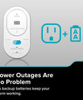 Smart Carbon Monoxide Detector And Indoor Air Quality Monitor With Real Time Alerts No Subscription Needed Plug In With Battery Backup 2 4 GHz Wi Fi Rotating Plug 85 dB Alarm IAQ Insights For Homes with AA backup and plug icons.