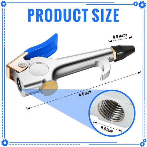 Four Piece Lever Blow Gun Set With Rubber Tip Nozzles And Safety Tips, showing product dimensions and quarter inch NPT inlet
