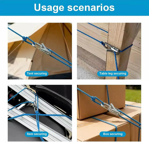 Four scenarios using Six Pack Heavy Duty Paracord Rope Roller Tensioner Kit With Retractable Buckle And Cam Buckle Adjuster
