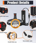Ultra Bright Rechargeable Headlamp With Long Range LED Spotlight, Waterproof design, ergonomic cable, and adjustable headband