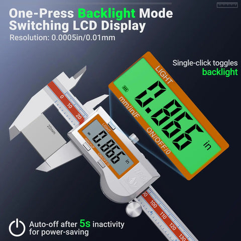 Stainless Steel Digital Caliper With Backlit LCD Auto Off IP54 Splash Proof Inch Millimeter Conversion 6 Inch 150 Millimeter Vernier