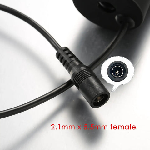 Close-up of DC 12V Solar Hot Water Circulation Pump With UL Listed Power Adapter Included showing 2.1mm x 5.5mm female connector.