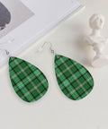 Totally Fire Green Grid Teardrop Faux Leather Dangle Earrings With Silver Plated Hooks Lightweight Statement Drop Jewelry on display.
