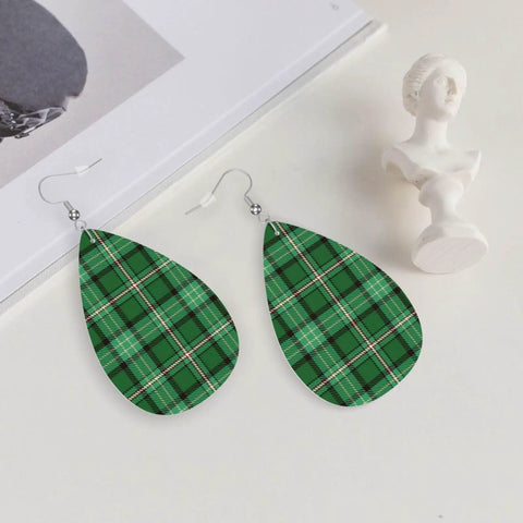 Totally Fire Green Grid Teardrop Faux Leather Dangle Earrings With Silver Plated Hooks Lightweight Statement Drop Jewelry on display.