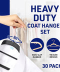 Hand holding heavy duty dry and wet clothes hanger set with 360 degree swivel hooks, non-slip rubber, 30 pack displayed.