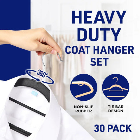 Hand holding heavy duty dry and wet clothes hanger set with 360 degree swivel hooks, non-slip rubber, 30 pack displayed.