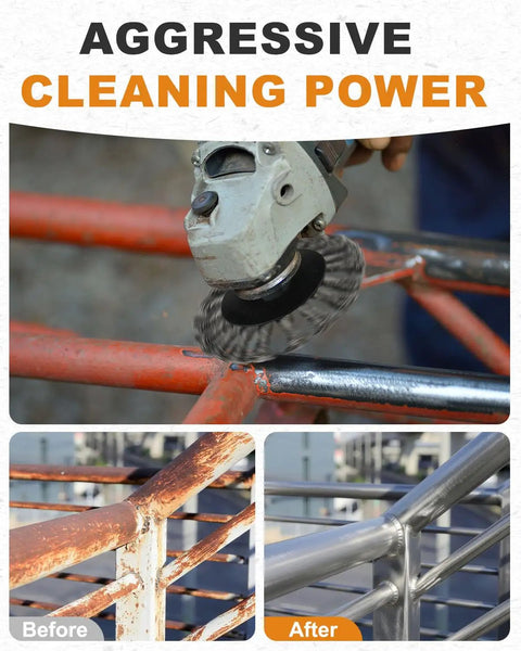 Professional Grade 9 Piece 4 Inch Wire Wheel Set For 4.5 Inch Angle Grinder cleaning rust off metal before and after.