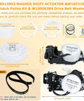 Washer Shift Actuator Kit With Pulley Clutch And Drive Belt For Maytag Kenmore Amana Whirlpool Crosley Washing Machines Replacement Part Set Easy Install Kit With Durable Components For Plug And Play Quick Fix And Smooth Quiet Washes Every Time, parts laid out with dimensions