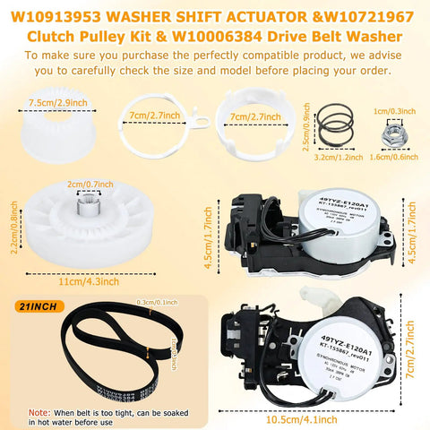 Washer Shift Actuator Kit With Pulley Clutch And Drive Belt For Maytag Kenmore Amana Whirlpool Crosley Washing Machines Replacement Part Set Easy Install Kit With Durable Components For Plug And Play Quick Fix And Smooth Quiet Washes Every Time, parts laid out with dimensions