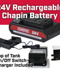 24V Rechargeable Battery for ATV Sprayer, includes charger, close-up of on/off switch and chemical-resistant features