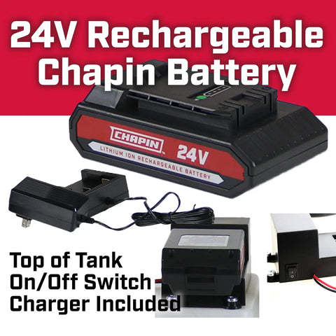 24V Rechargeable Battery for ATV Sprayer, includes charger, close-up of on/off switch and chemical-resistant features