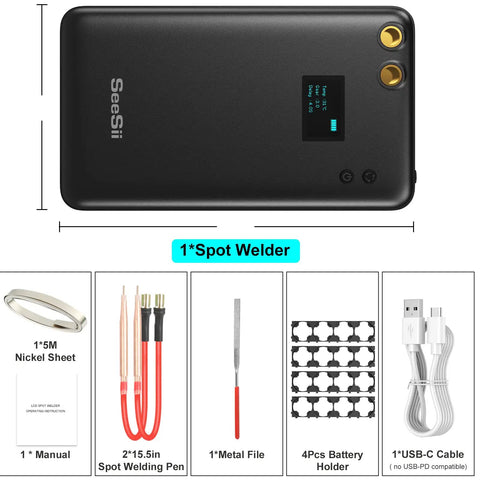 80 Level Adjustable Portable Spot Welder With LCD Screen Built In 6000mAh Battery 5m Nickel Cable And 4X4 Holders For 0.1/0.15mm Nickel Strips Battery Pack Welding For Pros And DIYers Power Tool including accessories.