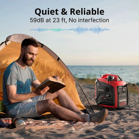 Gas Powered Inverter Generator 2500W Peak, 1900W Running next to tent on beach with man reading, showcasing quiet operation