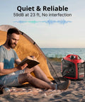 Man reading by tent with 2500W Portable Inverter Generator With CO Sensor, Ultra Quiet Operation for camping on beach.