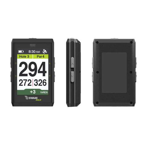 Swami Max Handheld Golf GPS Rangefinder With Oversized 3.5 Inch Color Screen For Easy Yardage Auto Portrait Or Landscape Display Center Only Distance To Green Black, showing front, side, and back views.