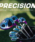 Close-up of All In One Women Golf Club Set With Driver Fairway Wood Hybrid 6 PW Irons Putter Stand Bag 3 Head Covers Ultra Light Graphite Shafts Right Handed Purple
